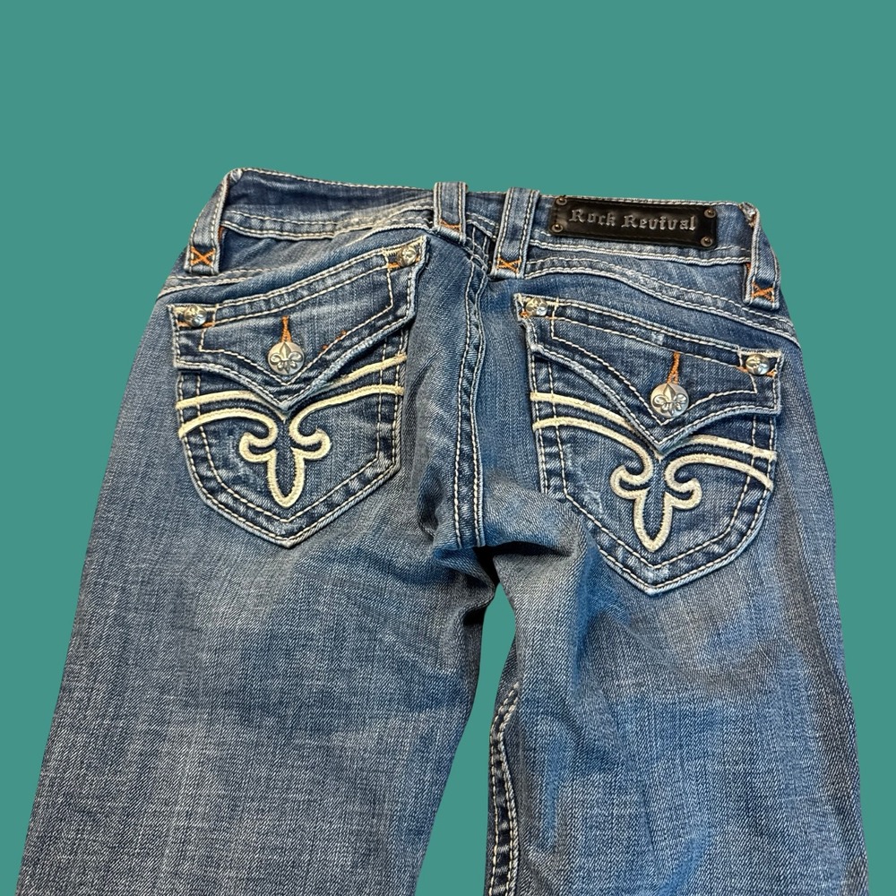 Rock Revival Stephanie Boot Jeans Womens Size 26 Blue Flap Pocket Embroidered
